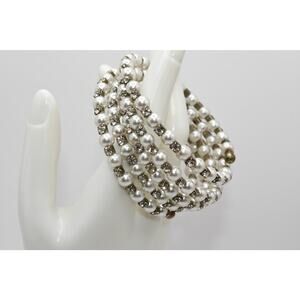 Vintage Faux Pearl Rhinestone Memory Wire Bracelet 5 Row Wrap Bracelet